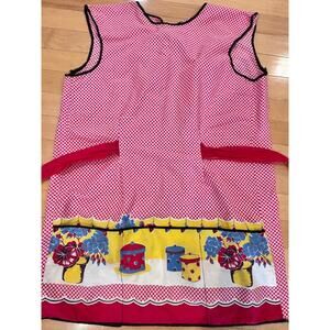 Vtg 50's Farm House Kitchen RedGingham Check & Floral Pinafore Apron w/pockets